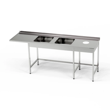 Nerezový stůl s dvoumístným dřezem, prostorem pro myčku a otvorem pro odpad 240x70x85 cm | FORGAST
