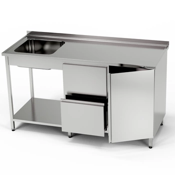 Nerezový stůl s umyvadlem, skříňkou, blokem zásuvek a policí 140x60x85 cm | FORGAST