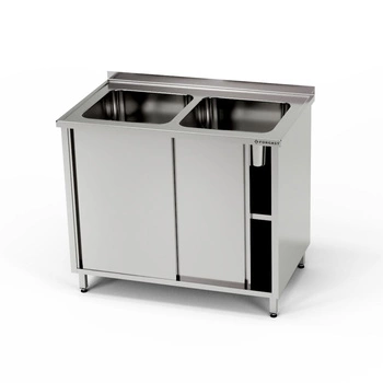 Nerezový stůl s dvoudřezem a skříňkou 100x60x85 cm | FORGAST