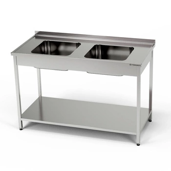 Nerezový stůl s dvoudřezem a policí 140x70x85 cm | FORGAST