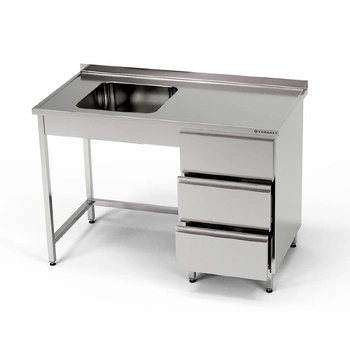 Nerezový stůl s jednokomorovým dřezem a blokem se 3 zásuvkami 170x70x85 cm | FORGAST