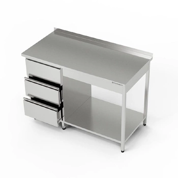 Nerezový pracovní stůl s blokem zásuvek a policí 150x70x85 cm | FORGAST