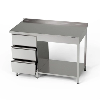 Nerezový pracovní stůl s blokem zásuvek a policí 130x70x85 cm | FORGAST