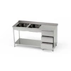Nerezový stůl s dvoumiskovým dřezem a blokem se 3 zásuvkami a policí 200x60x85 cm | FORGAST