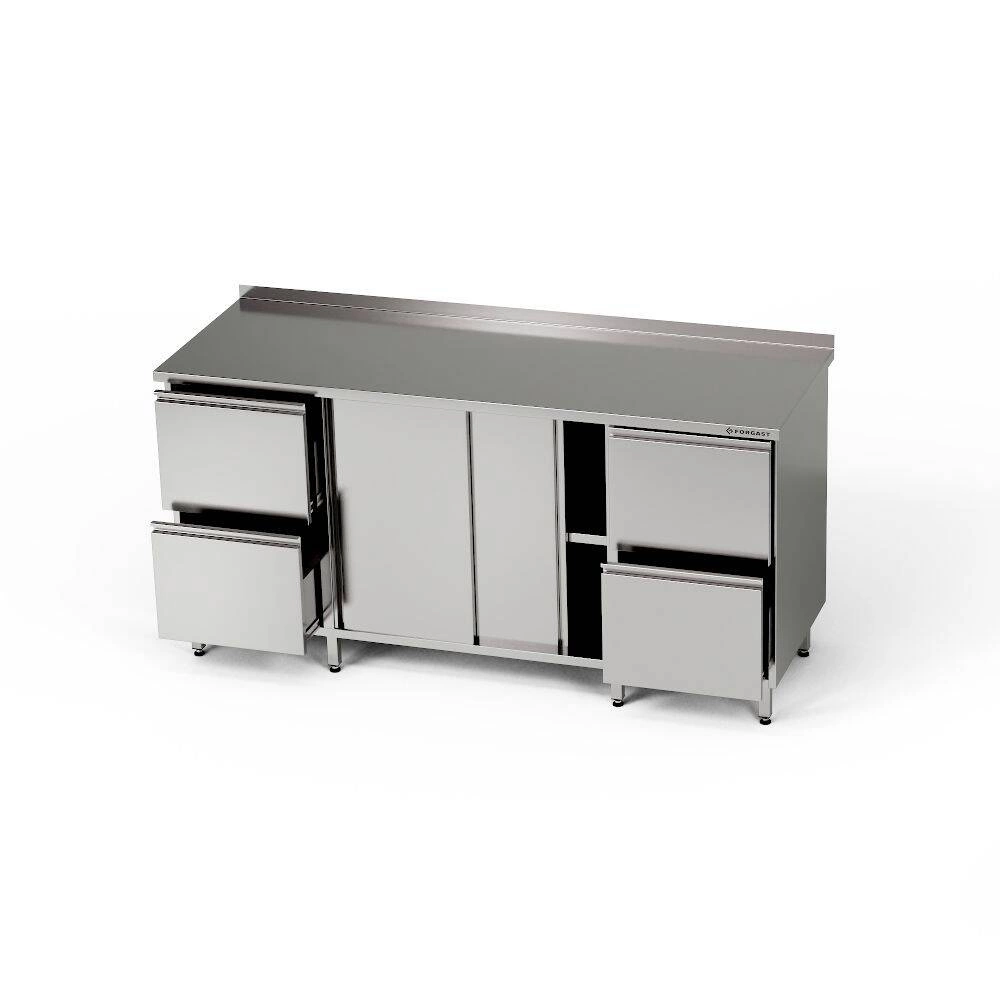 Nerezový pracovní stůl se skříňkou a 2 bloky po 2 zásuvkách 260x70x85 cm | FORGAST