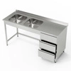 Nerezový stůl s dvoumiskovým dřezem a blokem se 3 zásuvkami 210x60x85 cm | FORGAST