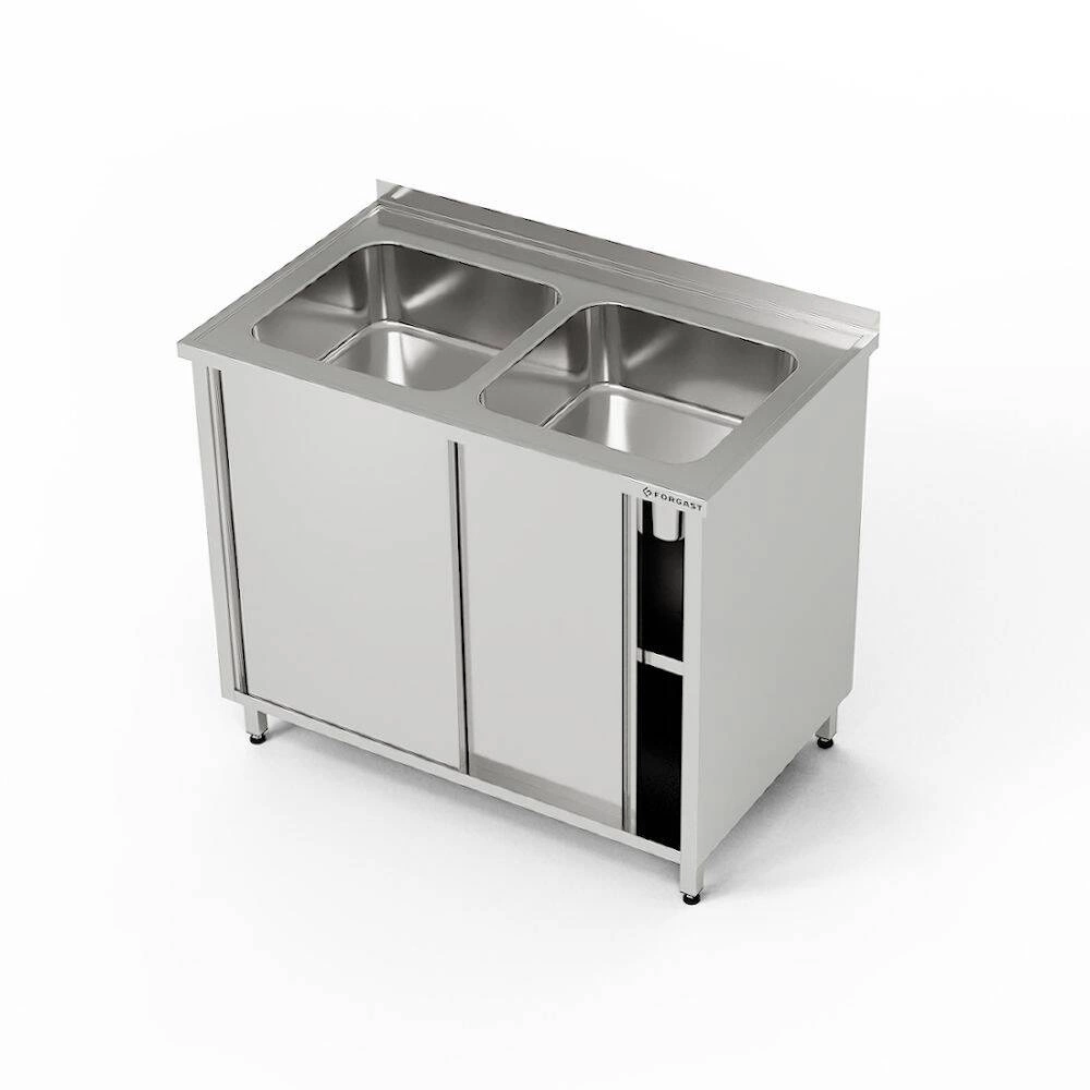 Nerezový stůl s dvoudřezem a skříňkou 170x70x85 cm | FORGAST