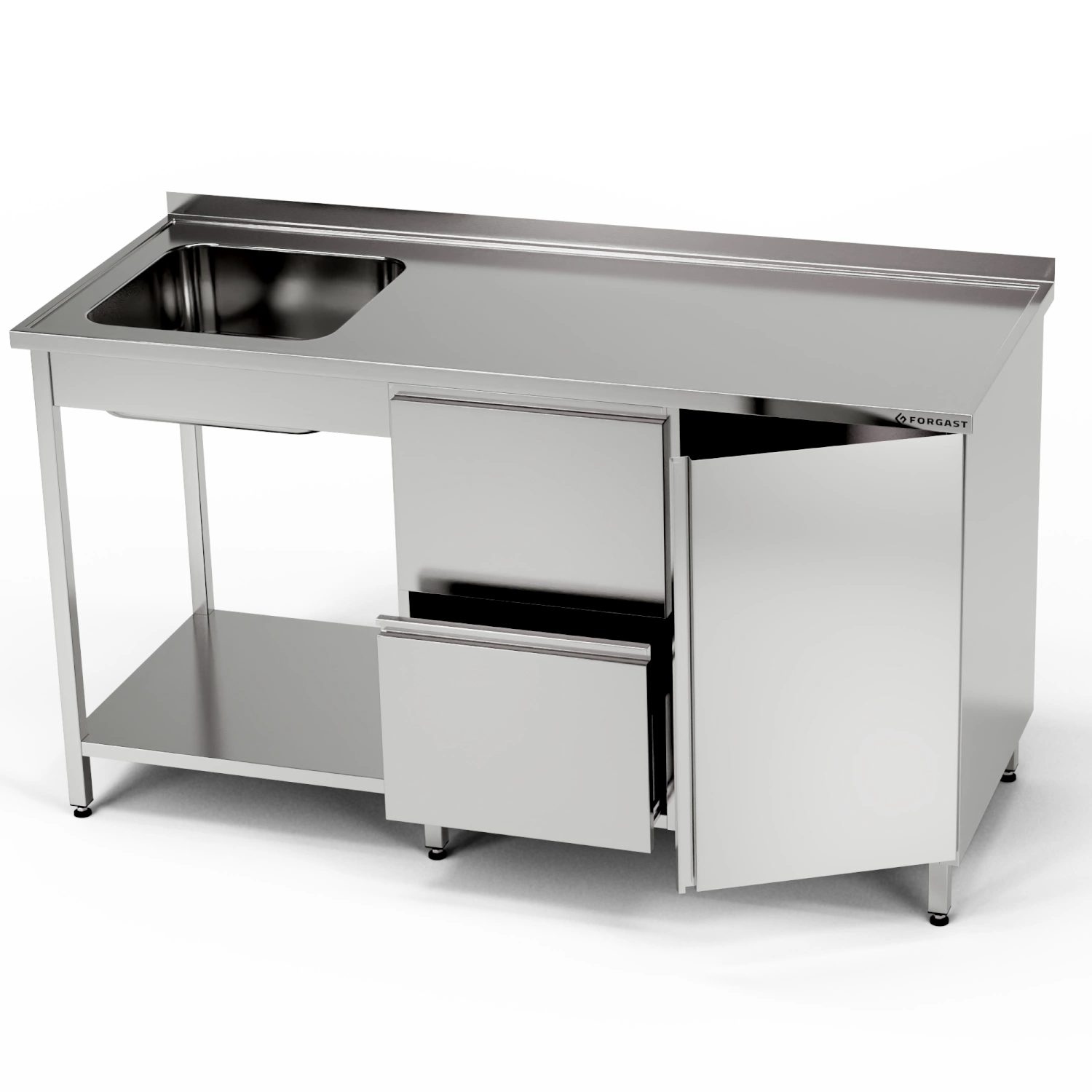 Nerezový stůl s umyvadlem, skříňkou, blokem zásuvek a policí 250x60x85 cm | FORGAST