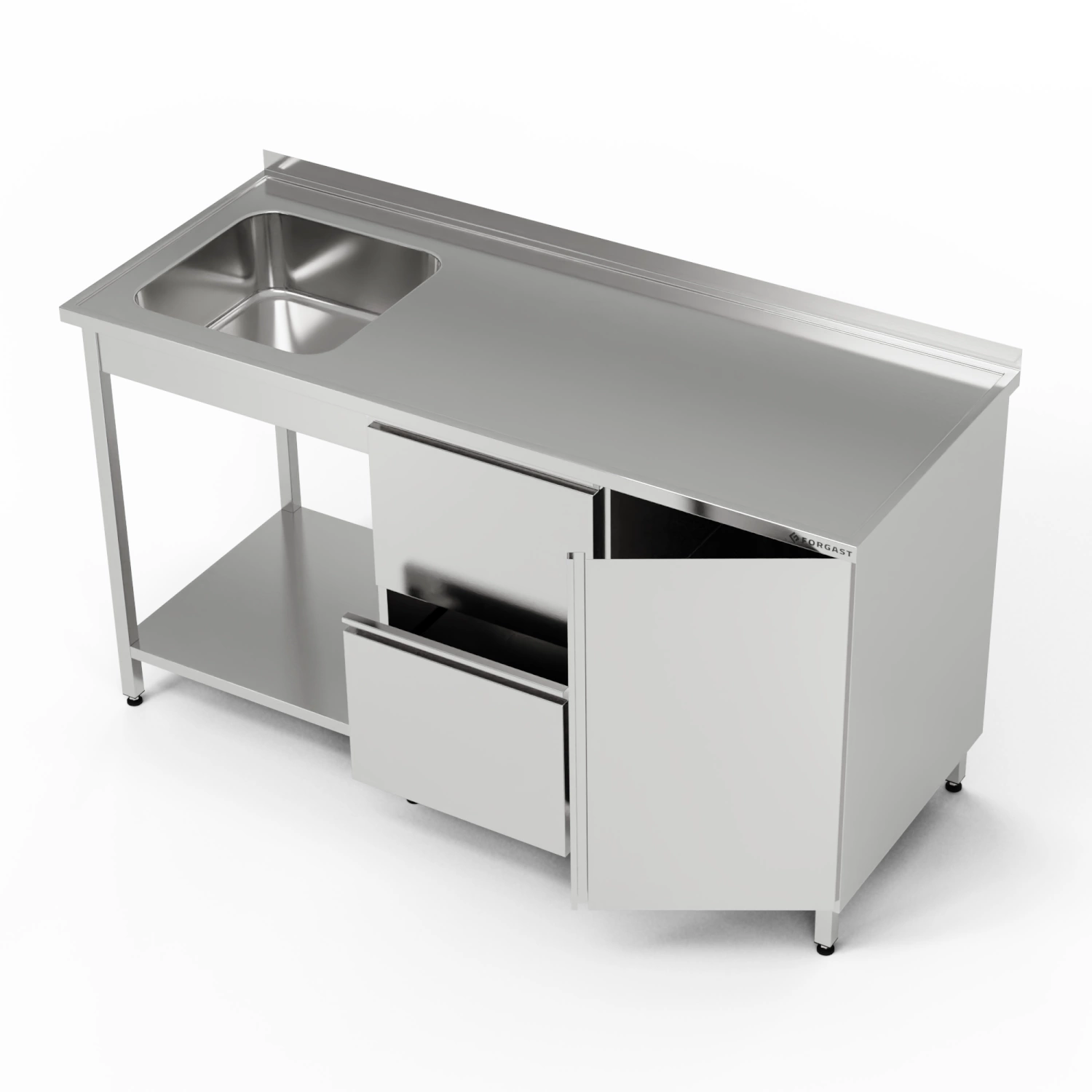 Nerezový stůl s umyvadlem, skříňkou, blokem zásuvek a policí 250x60x85 cm | FORGAST