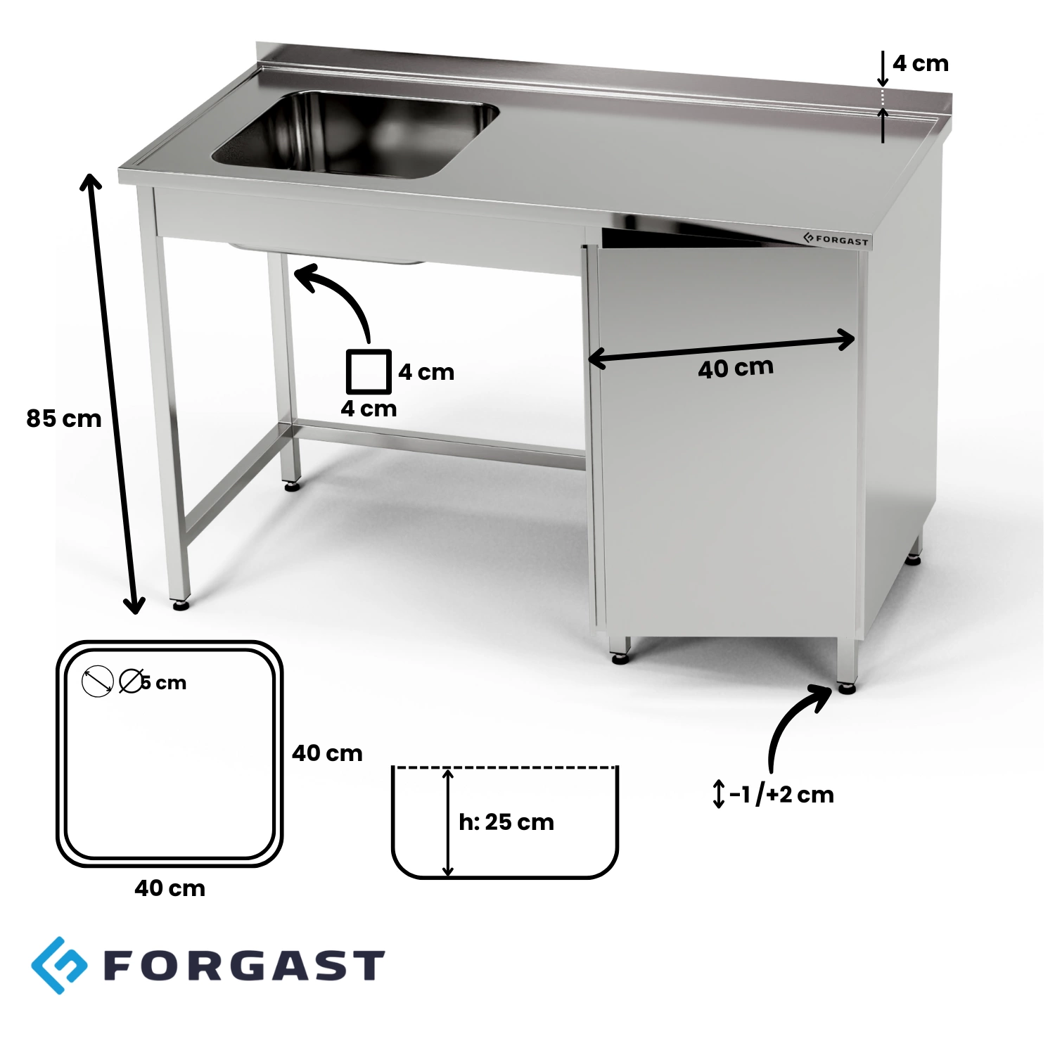 Nerezový stůl s jednoplášťovým dřezem a skříňkou 220x70x85 cm | FORGAST