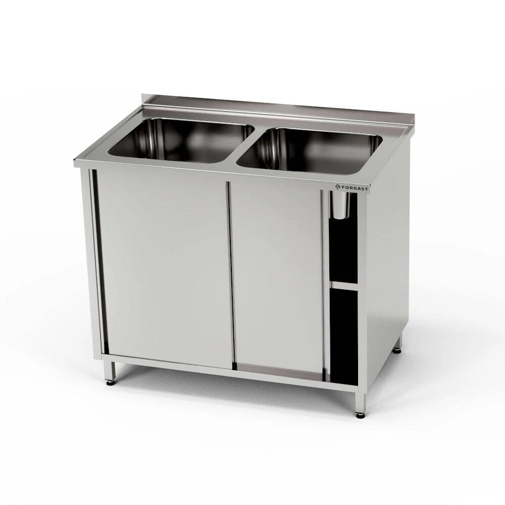 Nerezový stůl s dvoudřezem a skříňkou 100x60x85 cm | FORGAST