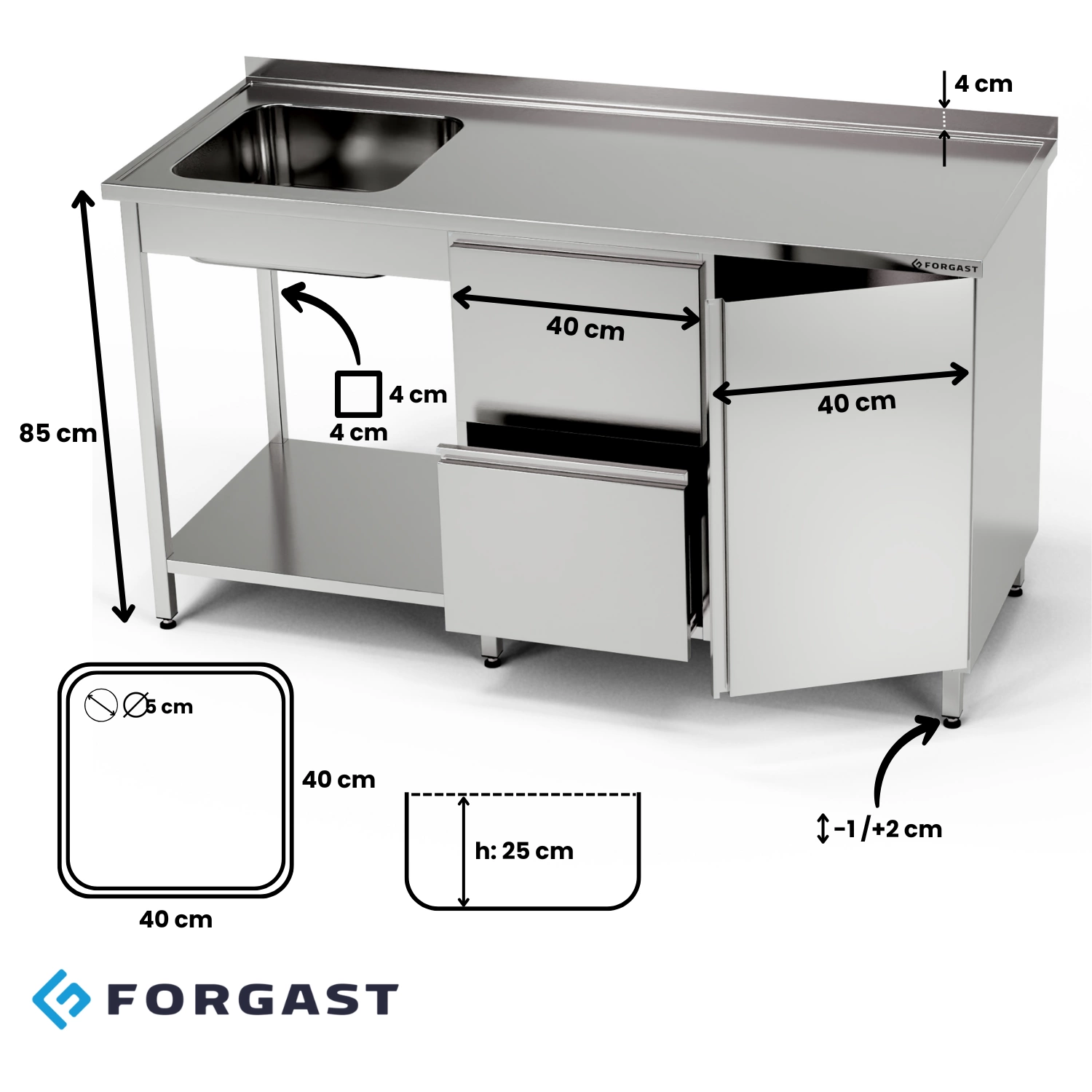 Nerezový stůl s umyvadlem, skříňkou, blokem zásuvek a policí 250x60x85 cm | FORGAST
