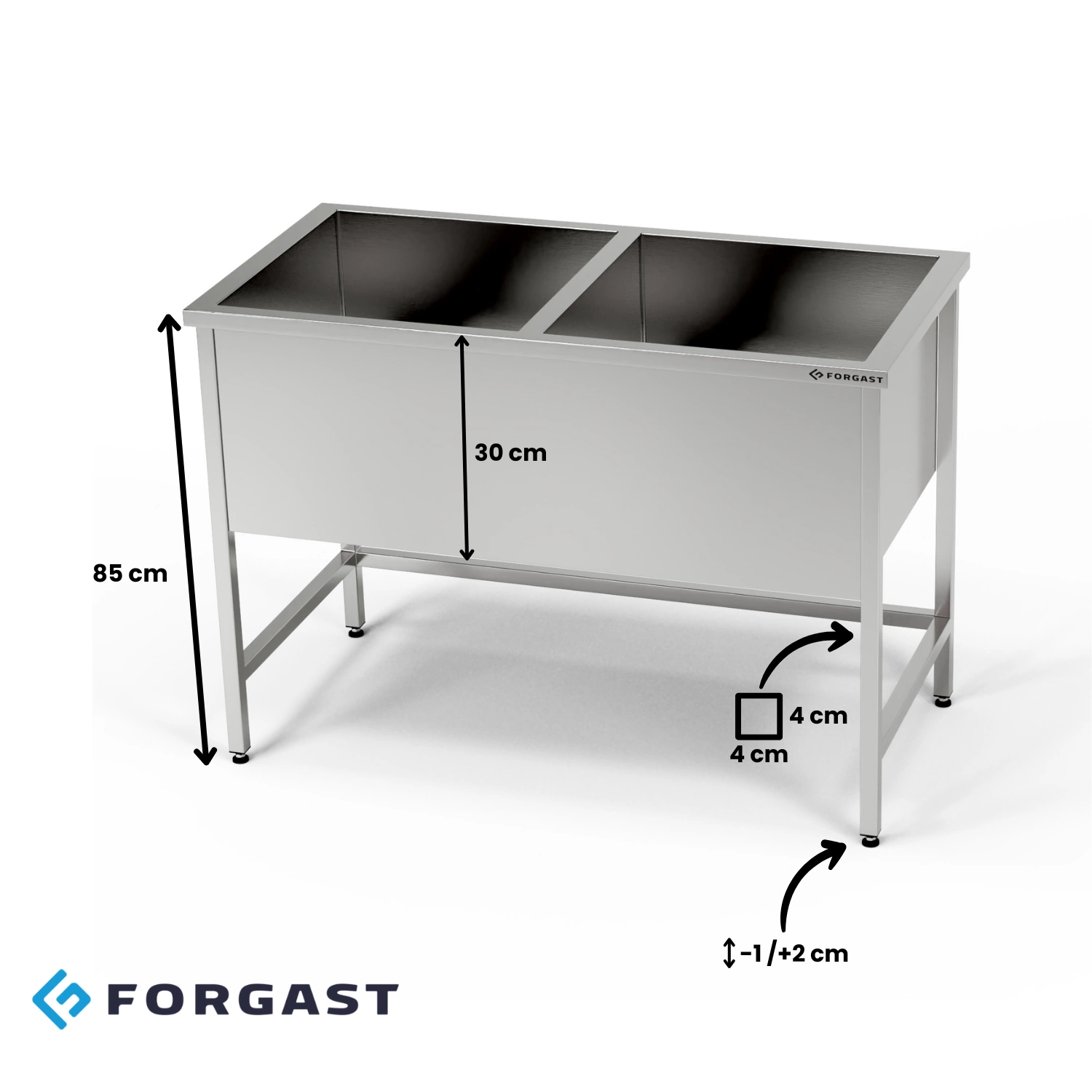 Nerezové dvoukomorové umyvadlo (30 cm hluboké) 180x60x85 cm | FORGAST